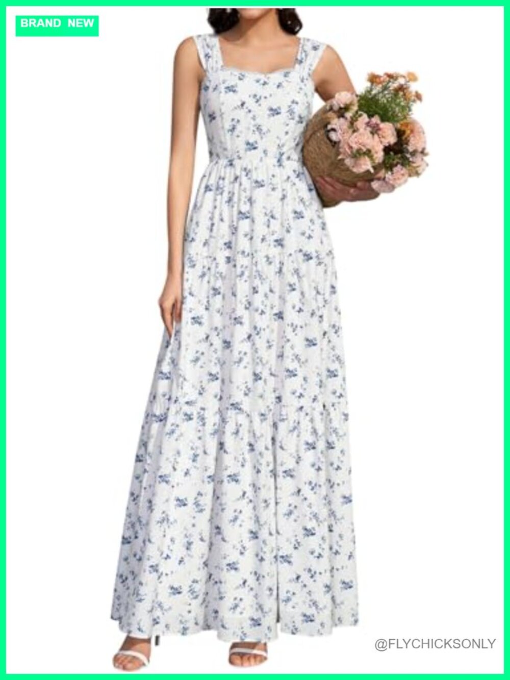 KUTUMAI Floral Maxi Dress Lace Up Square Neck Flowy Wedding Guest